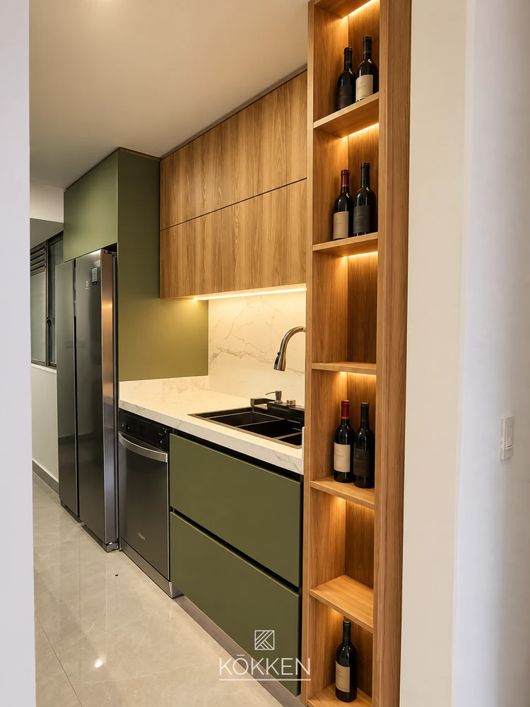 Cocina con iluminación y detalles en madera